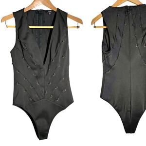 WOW Couture : Deep Plunge Eyelet Link Chain Detail Stretch Bodysuit : M